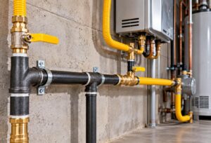 Black iron and yellow flexible gas lines with brass fittings and shutoff valves installed in a utility room.